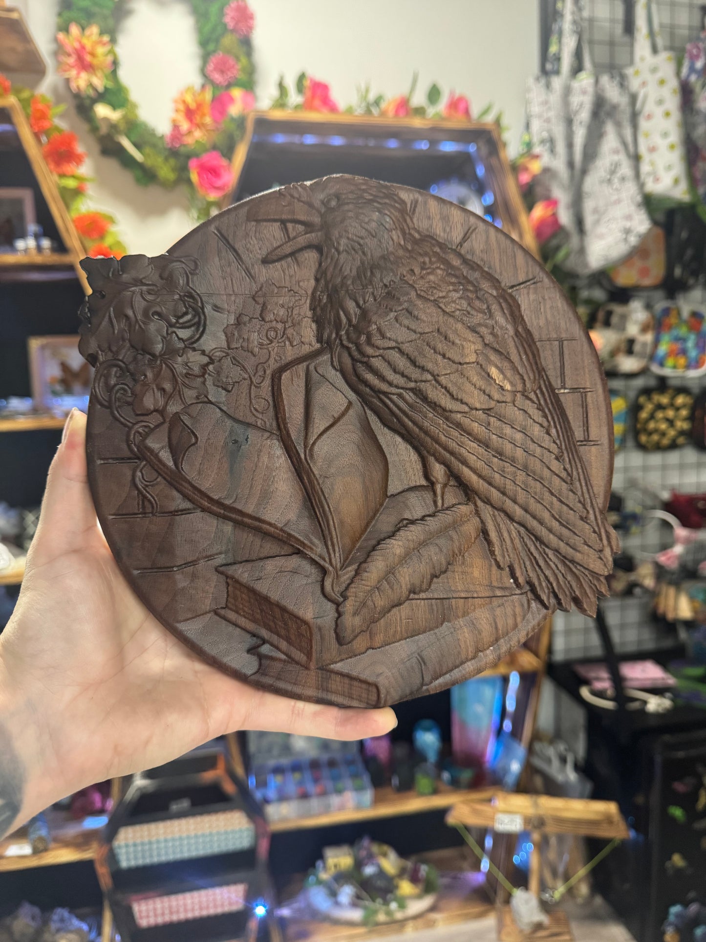 Raven Wood Art Plaque - CNC Carved Hardwood Wall Decor | Gothic Bird Art