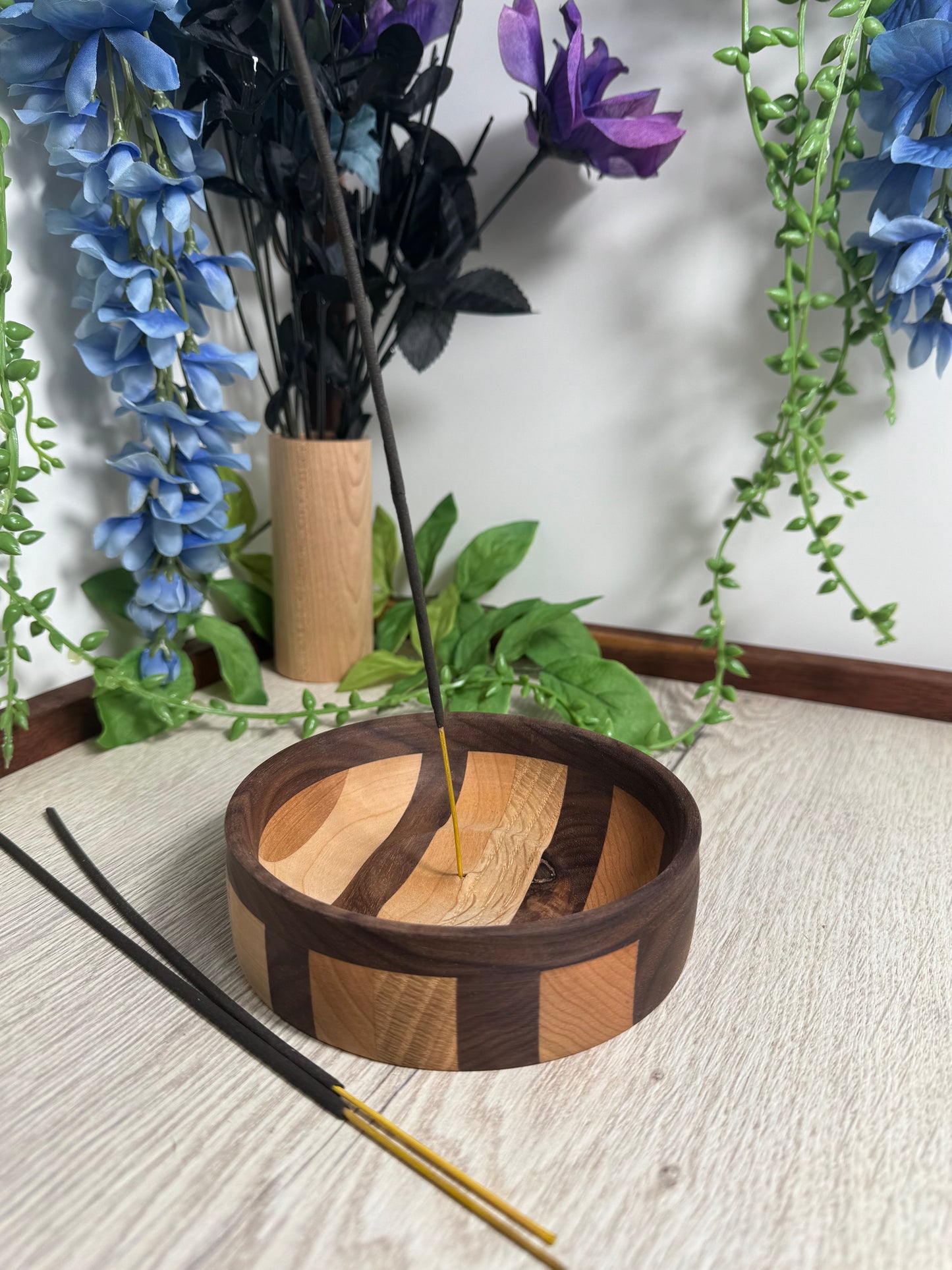 Hand Turned Incense Burner Dish - Multi Species Wood with Walnut Rim | Meditation Decor