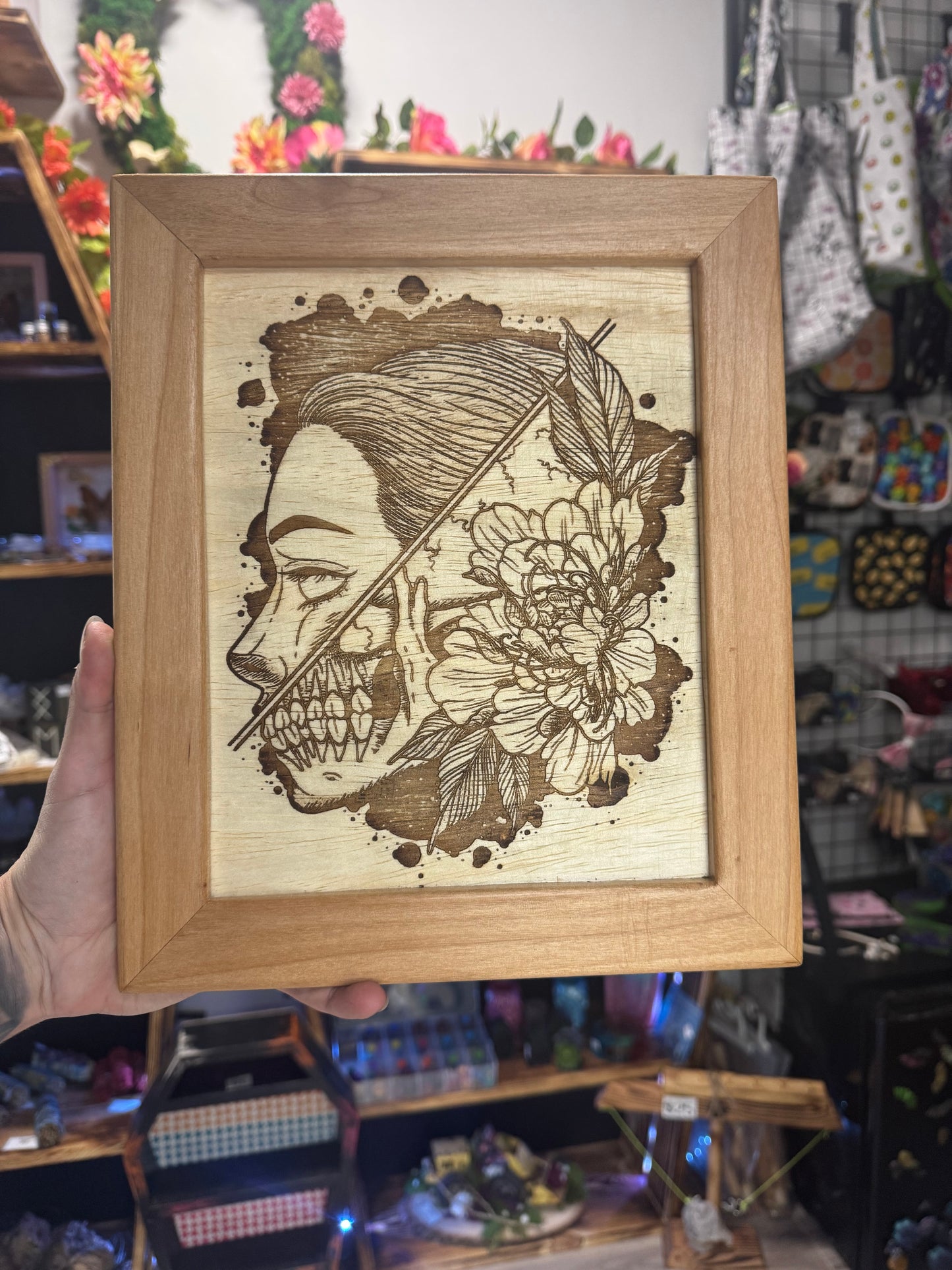Female Skull and Flowers - CNC Carved Hardwood Wall Art | Gothic Decor