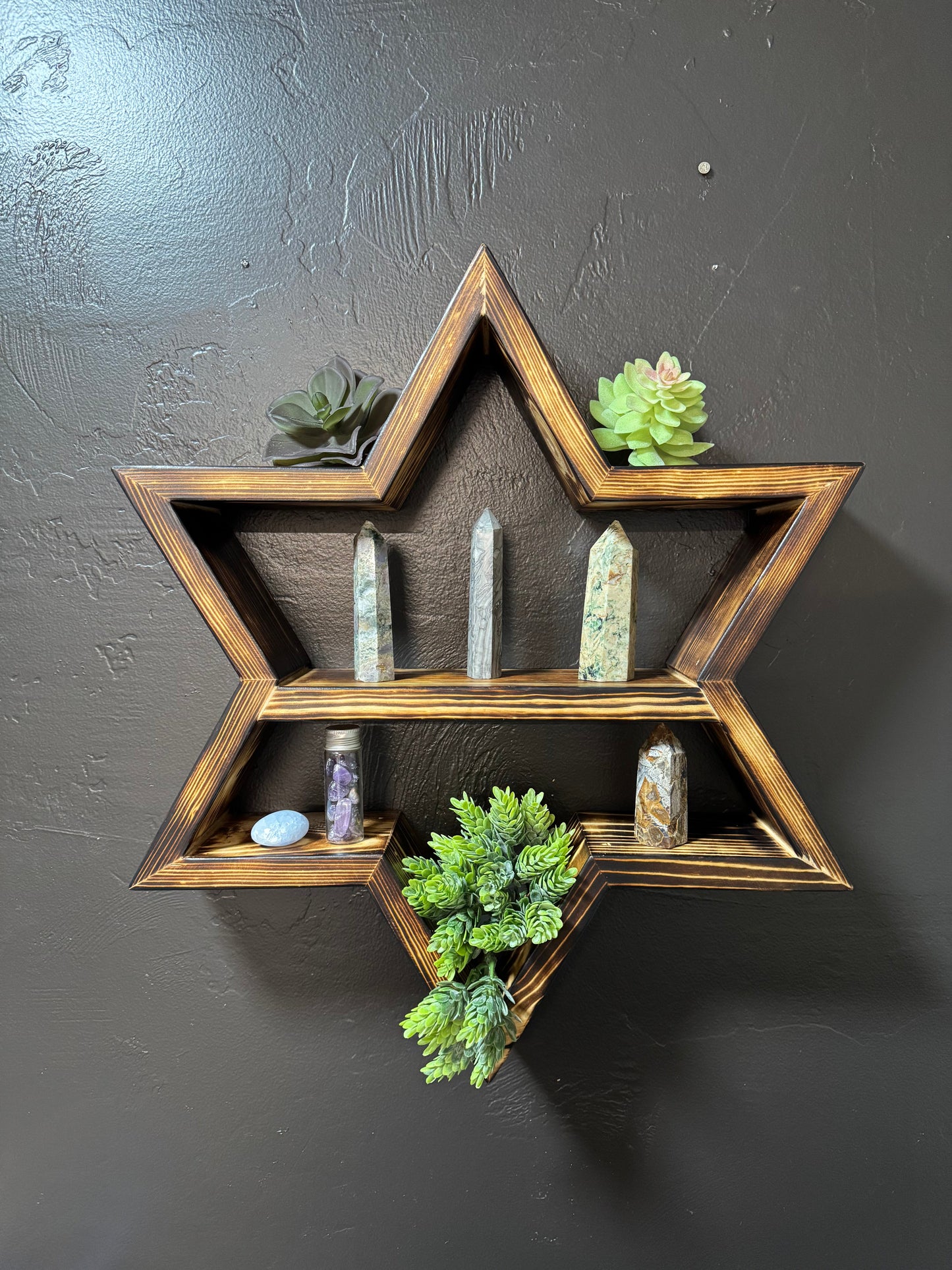 Rustic Star Shaped Wall Shelf - Handmade Wood Display with Burnt Finish | Gothic & Witchy Decor