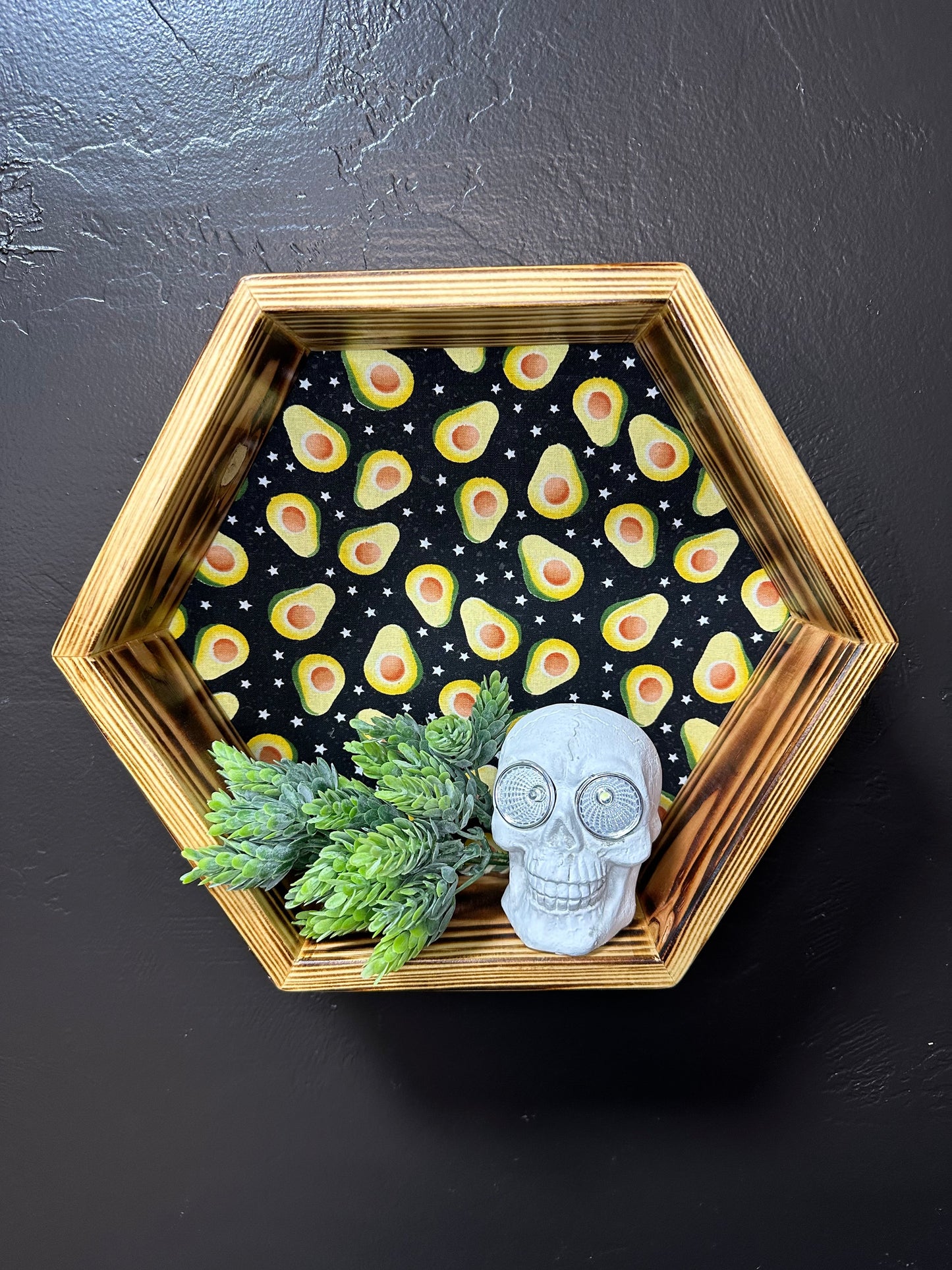 Hexagon Wall Shelf - Handmade Wood Display with Avocado Fabric | Quirky Home Decor