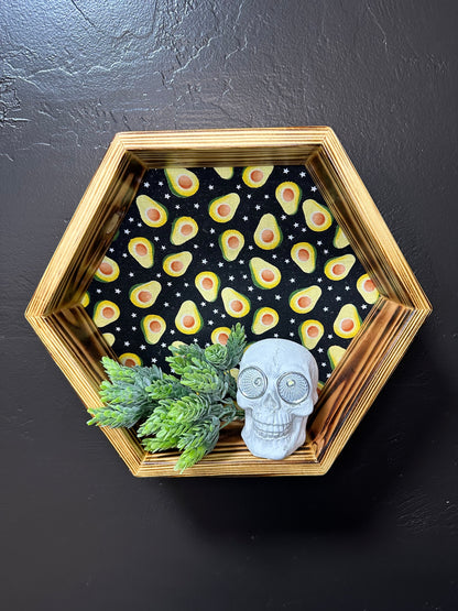 Hexagon Wall Shelf - Handmade Wood Display with Avocado Fabric | Quirky Home Decor