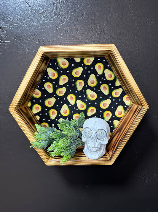 Hexagon Wall Shelf - Handmade Wood Display with Avocado Fabric | Quirky Home Decor