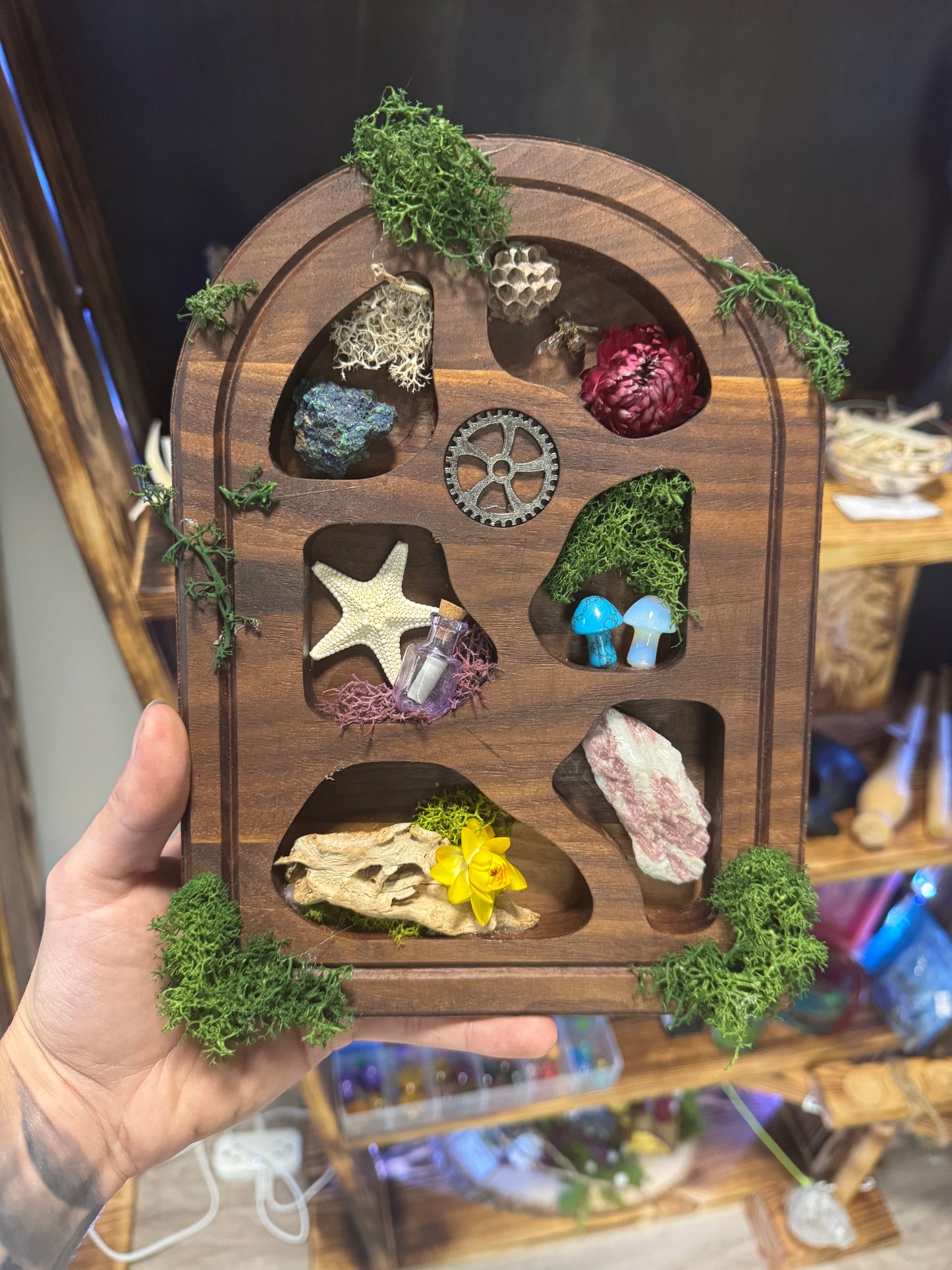 Tombstone Shaped Wall Shelf - Handmade Walnut Wood Curio Display | Gothic Cemetery Decor