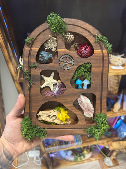 Tombstone Shaped Wall Shelf - Handmade Walnut Wood Curio Display | Gothic Cemetery Decor