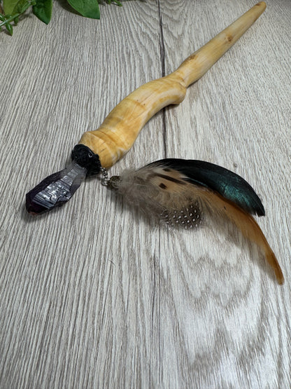 Wrapped Pine Wood Wand with porcupine quill core- Handmade Ritual Tool | Witchy Spiritual Magic Wand