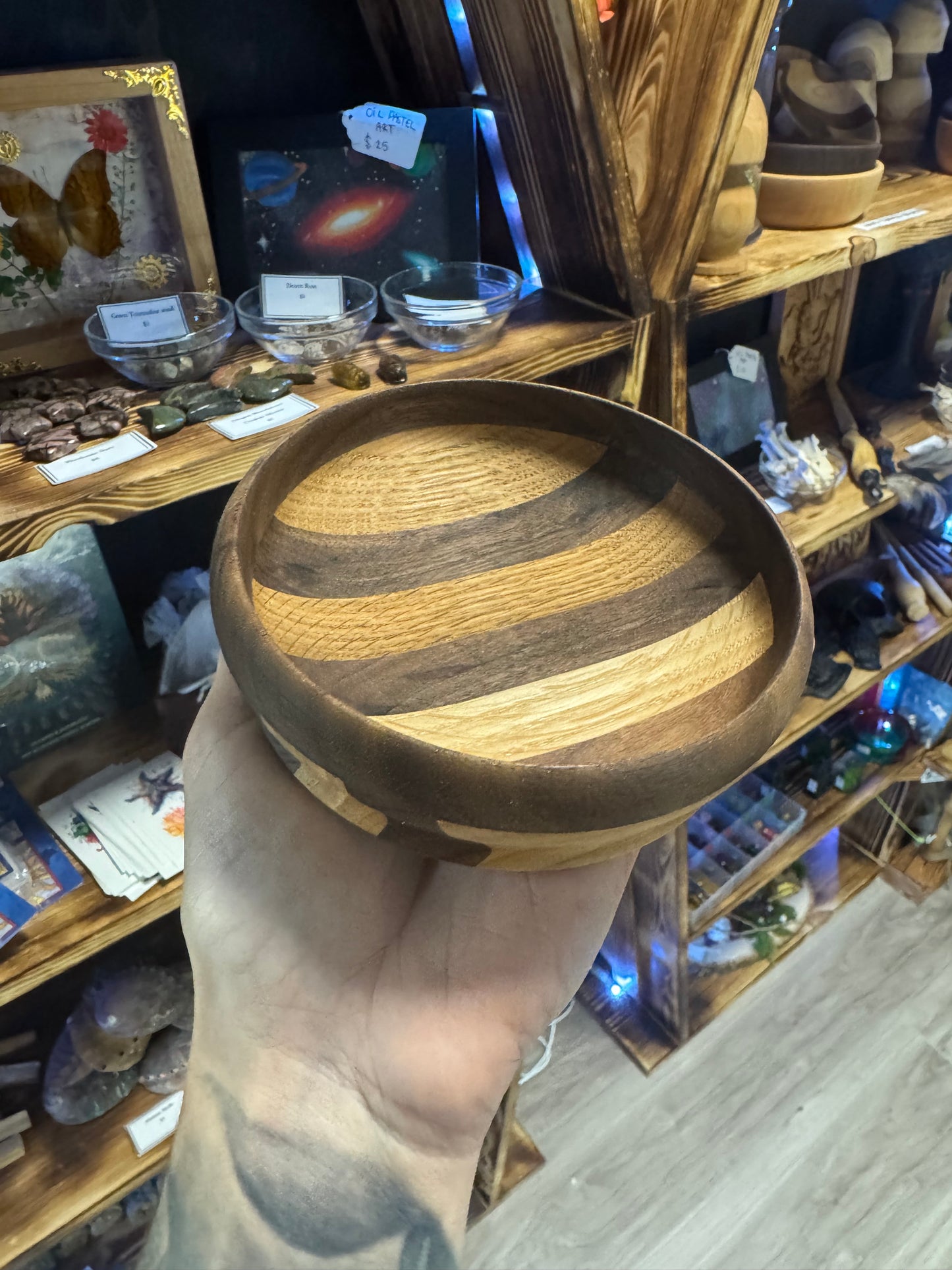 Hand Turned Striped Multi Species Wood Bowl - Handmade Wooden Dish for Home Decor