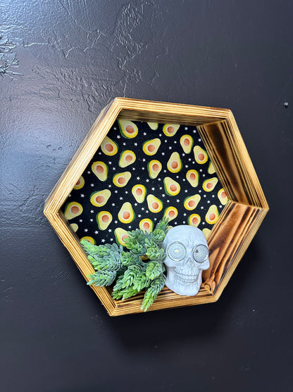 Hexagon Wall Shelf - Handmade Wood Display with Avocado Fabric | Quirky Home Decor