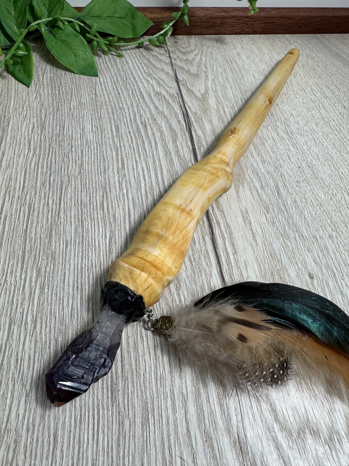 Wrapped Pine Wood Wand with porcupine quill core- Handmade Ritual Tool | Witchy Spiritual Magic Wand