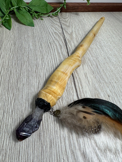 Wrapped Pine Wood Wand with porcupine quill core- Handmade Ritual Tool | Witchy Spiritual Magic Wand