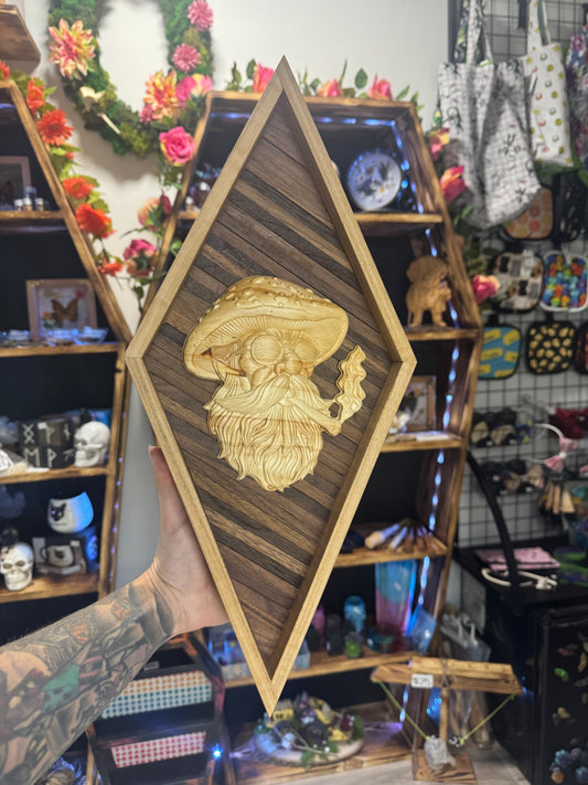 Smoking Mushroom Guy - CNC Carved Hardwood Wall Art | Whimsical Decor
