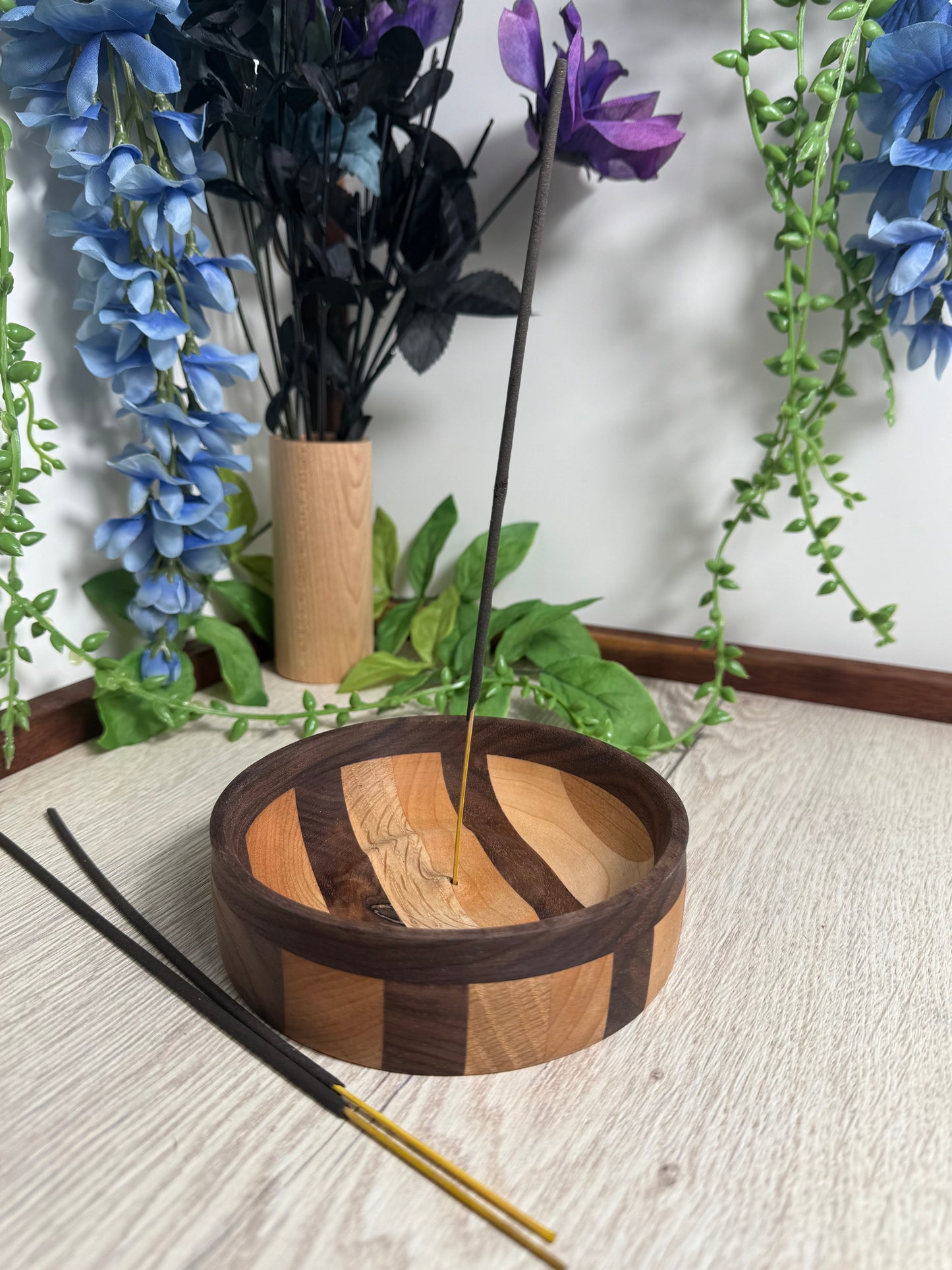 Hand Turned Incense Burner Dish - Multi Species Wood with Walnut Rim | Meditation Decor