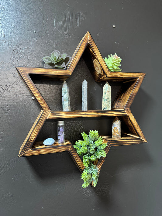 Rustic Star Shaped Wall Shelf - Handmade Wood Display with Burnt Finish | Gothic & Witchy Decor