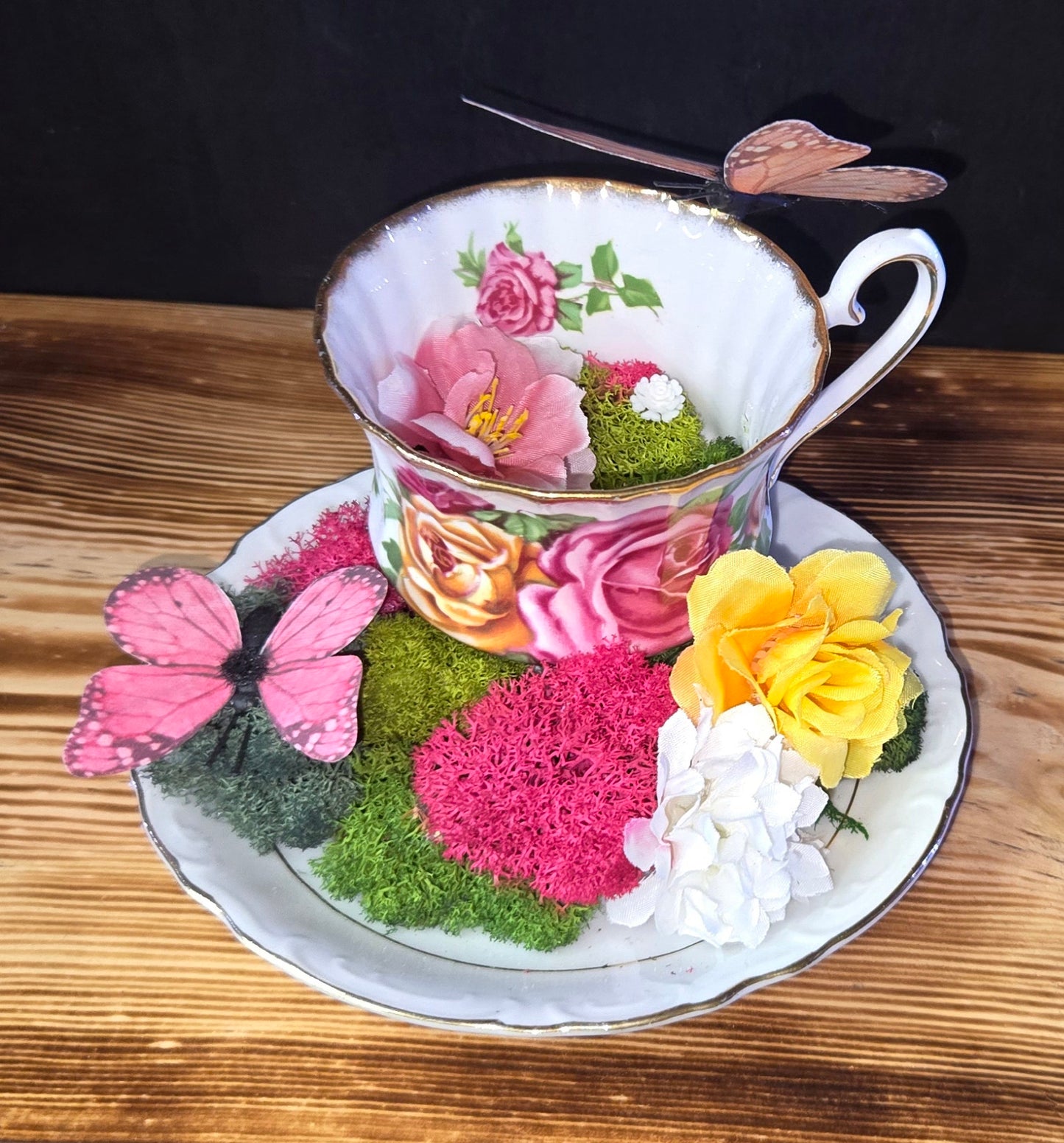 Teacups and Roses Art Display - Vintage Oddity Decor | Romantic Curiosity Piece