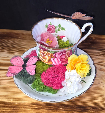 Teacups and Roses Art Display - Vintage Oddity Decor | Romantic Curiosity Piece