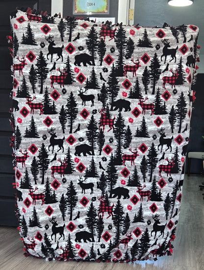 Wildlife red plaid tied blanket