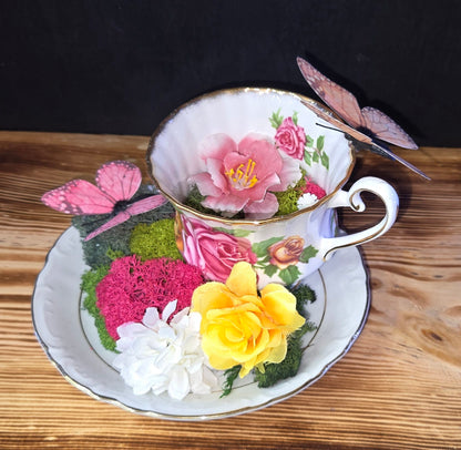 Teacups and Roses Art Display - Vintage Oddity Decor | Romantic Curiosity Piece