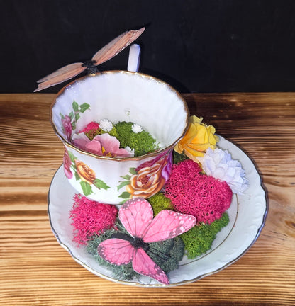 Teacups and Roses Art Display - Vintage Oddity Decor | Romantic Curiosity Piece